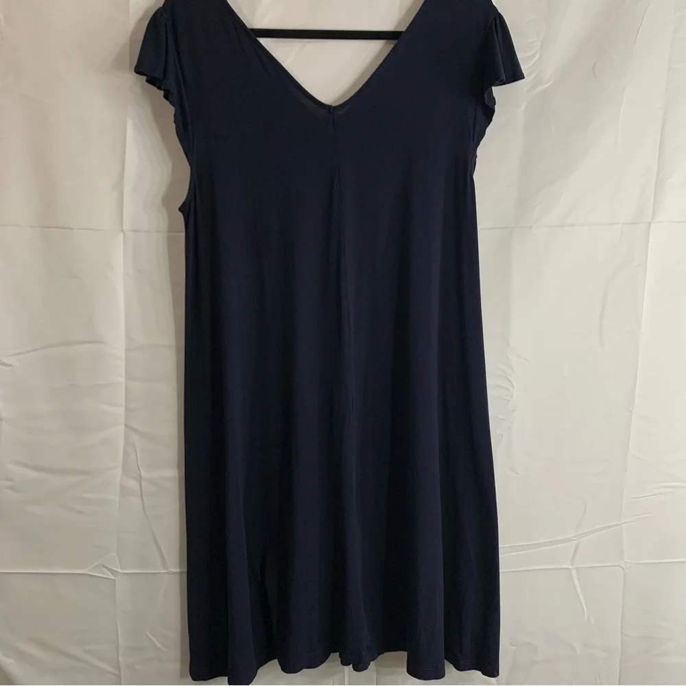 LOFT Navy Blue Short Ruffle Sleeve Floral Detail Midi Dress, size L - Picture 8 of 9